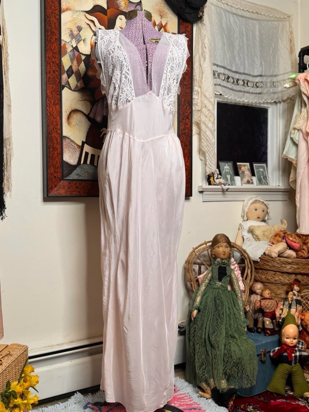 1940s 1950s baby pink rayon satin bias cut slip dress dramatic deep v